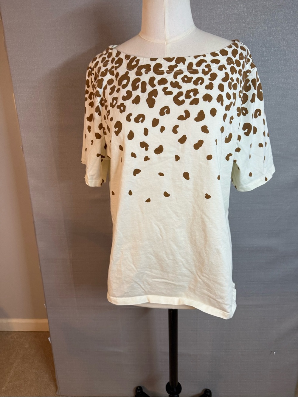Talbots Cream Short Sleeve Top with Brown Leopard Spot Print